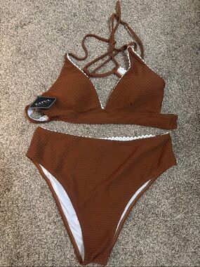 Zaful Brown Textured Triangle Top High-Waist Bikini
